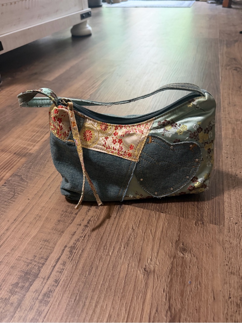 Patchwork Heart Denim Bag in Sage Green and gold accent colors.